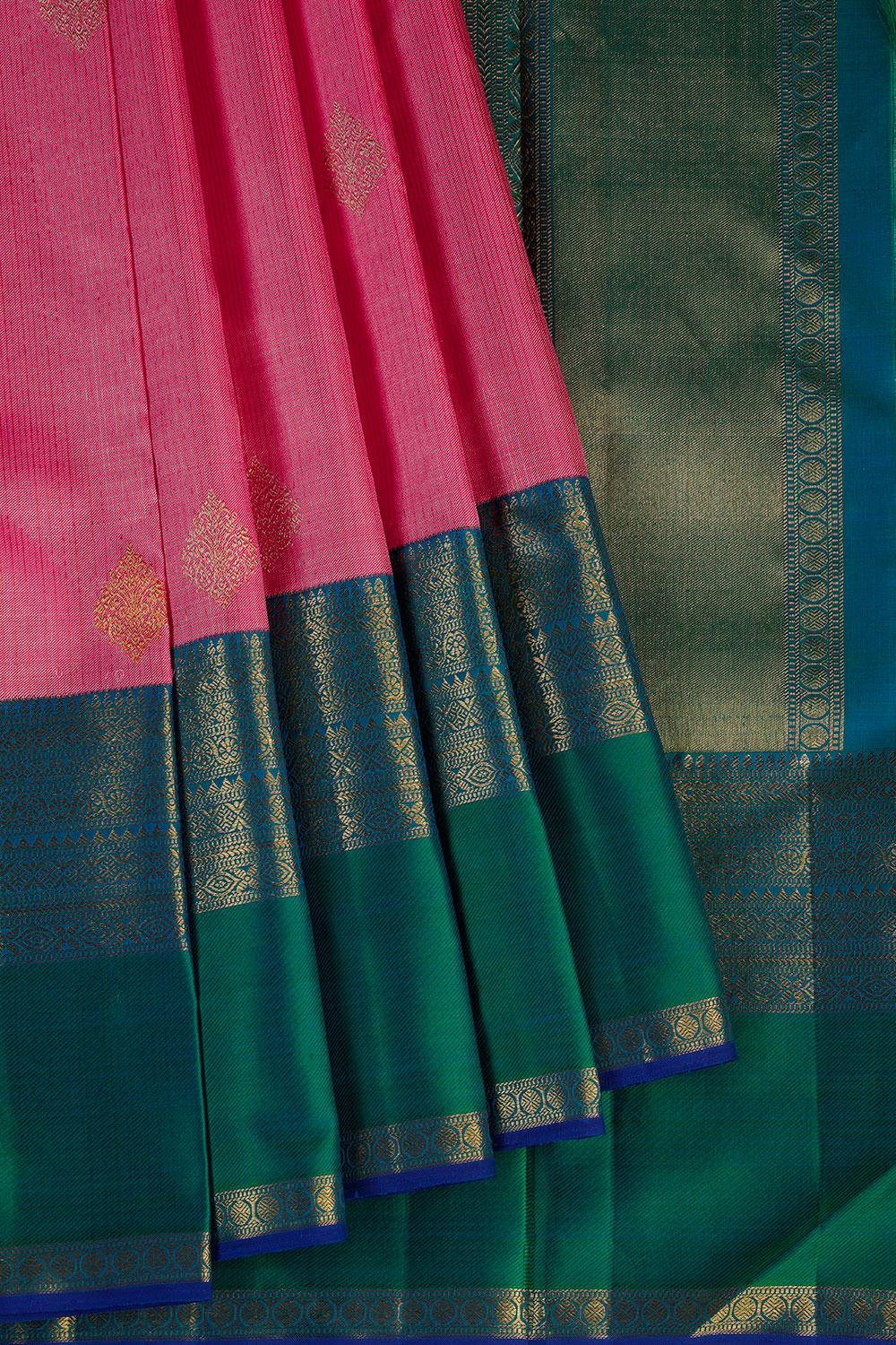 Arani Silk Candy-Pink Saree With Peacock-Green Border